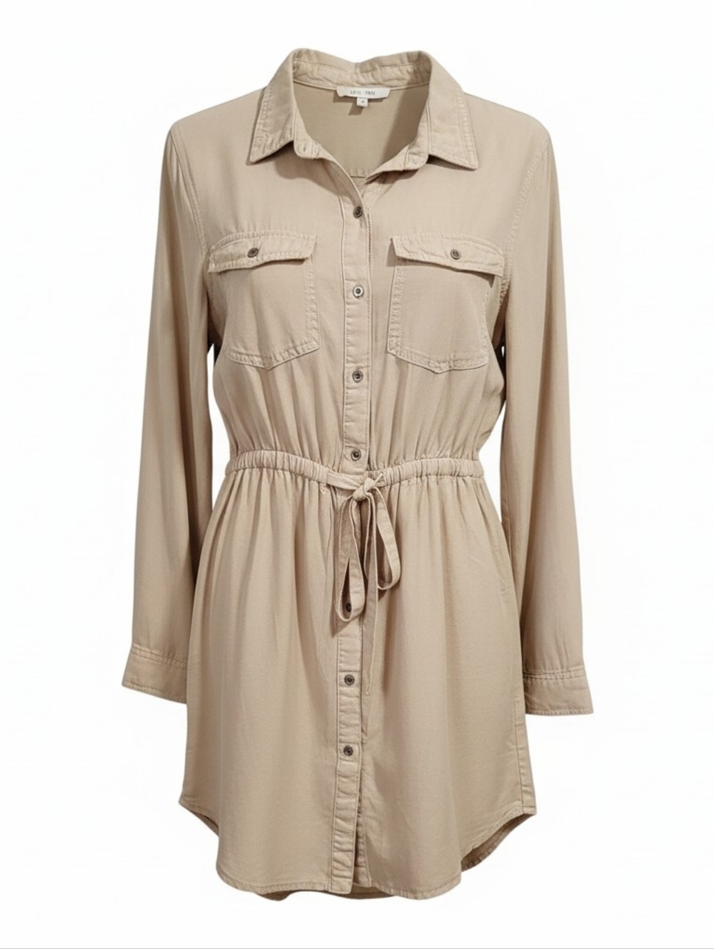 Love Tree Shirtdress Size S Beige Tencel Long Roll Tab Sleeve Utility Safari NWT